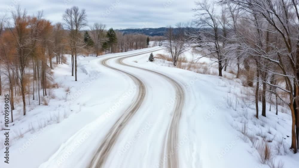 A winding road blanketed in snow cuts through a serene winter landscape, showcasing bare trees and distant hills A winding road blanketed in snow cuts through a serene winter landscape, showcasing bare trees and distant hills