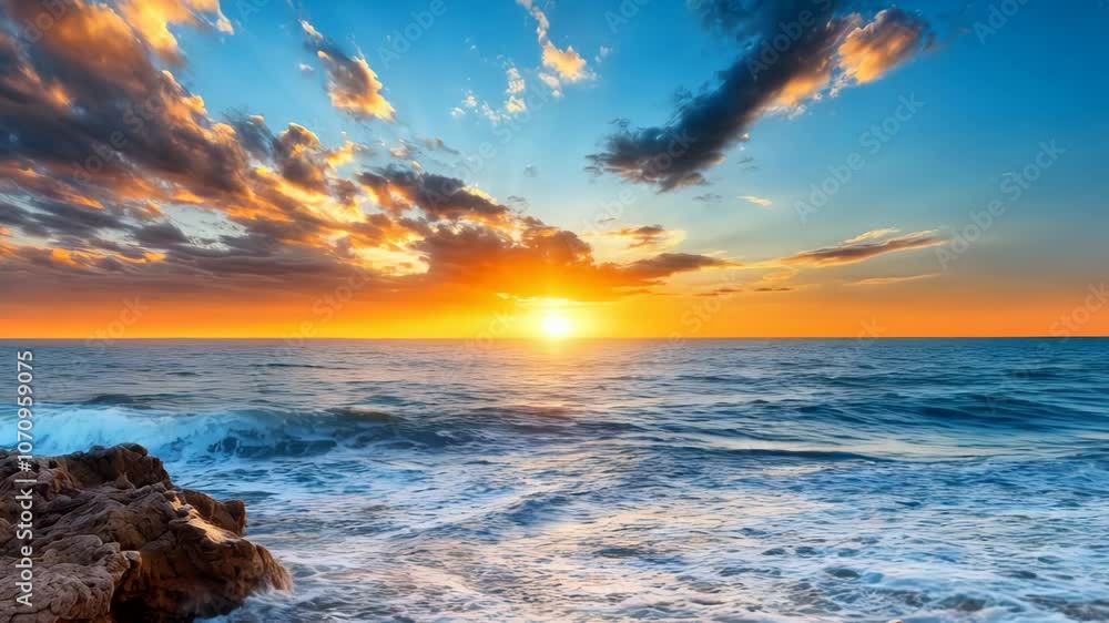 A stunning sunset casting vibrant colors over ocean waves crashing against the rocky shoreline during dusk A stunning sunset casting vibrant colors over ocean waves crashing against the rocky shoreline during dusk