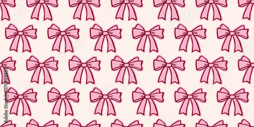 Hand-drawn bows in a seamless pink pattern. Perfect for wrapping paper and gift ribbons. Trendy hair braiding accessory with a soft, feminine feel. Valentine's Day background and wedding backdrop.