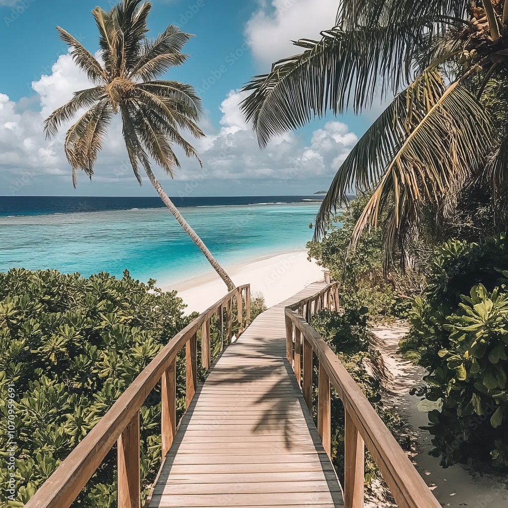 A tropical beach with clear beautiful waters and palm trees, a Maldives island landscape A tropical beach with clear beautiful waters and palm trees, a Maldives island landscape