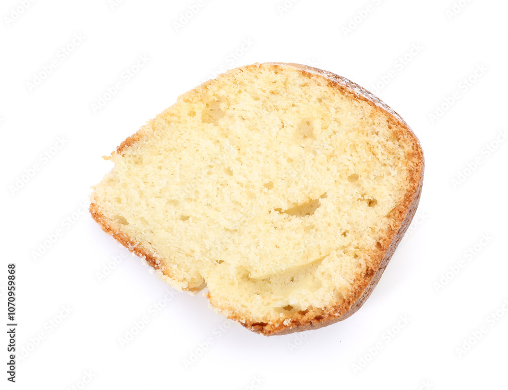 Piece of freshly baked sponge cake isolated on white, top view Piece of freshly baked sponge cake isolated on white, top view
