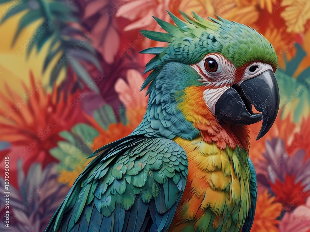 Obraz premium Brightly colored parrot with green, blue, and yellow feathers on leaf