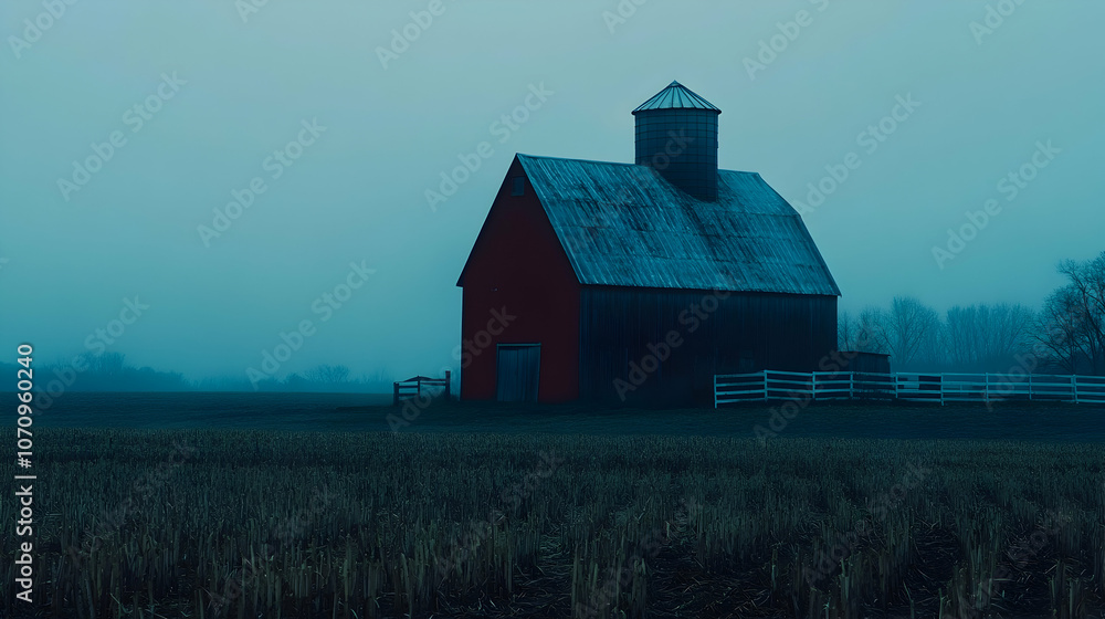 A red barn stands alone in a field, shrouded in mist on a cold winter morning. A red barn stands alone in a field, shrouded in mist on a cold winter morning.