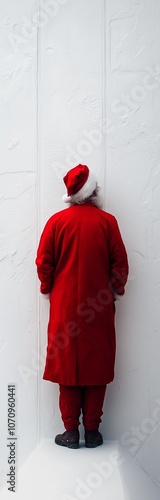 he back of santa clause standing against white wall