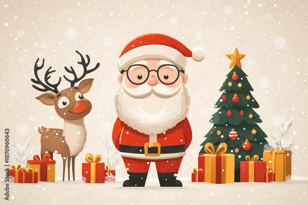 illustration père noël mignon,enfantin, cadeaux, rennes, barbe, rouge, blanc, costume, tradition, neige, hiver illustration père noël mignon,enfantin, cadeaux, rennes, barbe, rouge, blanc, costume, tradition, neige, hiver
