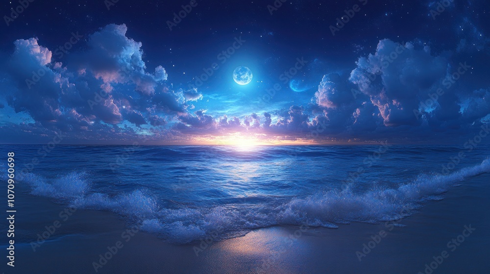 Fototapeta premium Tranquil ocean scene with a full moon and starry sky at night.