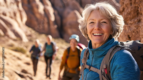 Elderly woman pauses to savor the breathtaking desert mountain scenery during a hike with friends