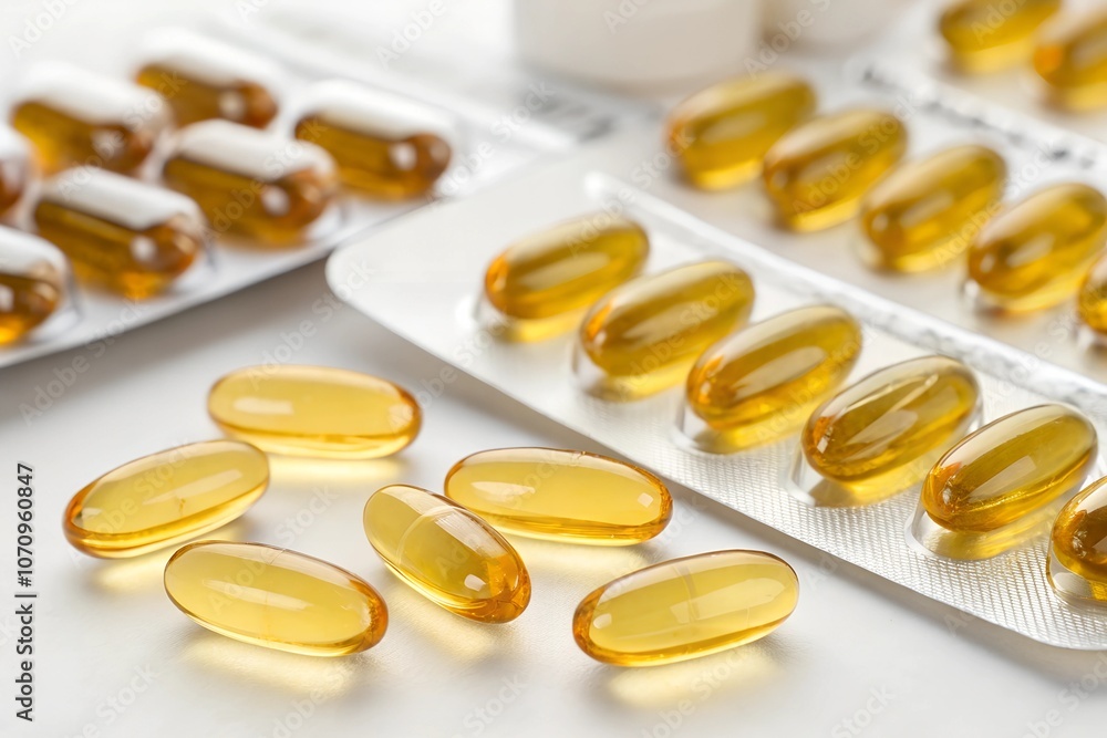 omega 3 fish oil capsules on the white surface closeup omega 3 fish oil capsules on the white surface closeup