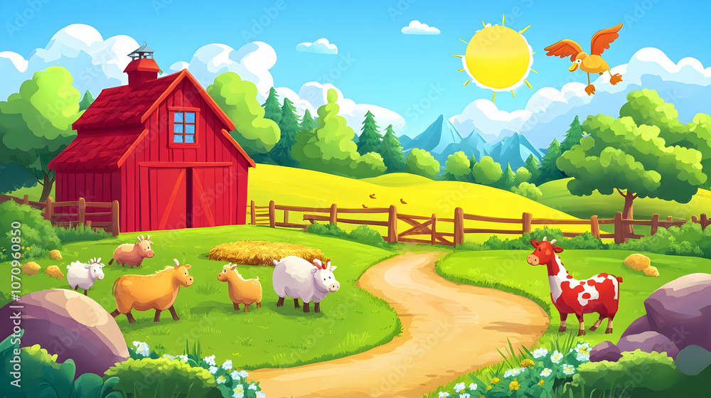 Fototapeta premium A red barn with a fence in front of it, green grass and a dirt road leading to the barn with cows and sheep grazing in the field.