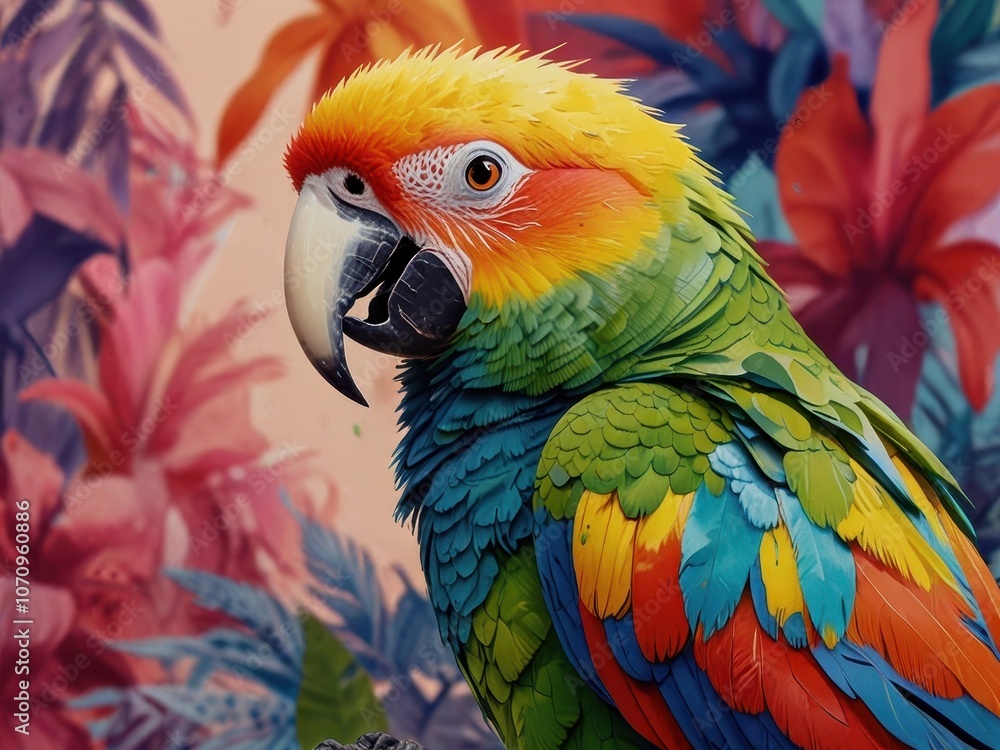 Obraz premium Colorful parrot with vibrant feathers, facing viewer in pastel setting