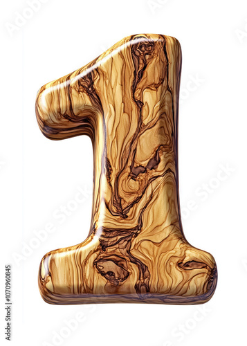 Polished wood number 1 isolated on white, detailed wood grain, realistic texture