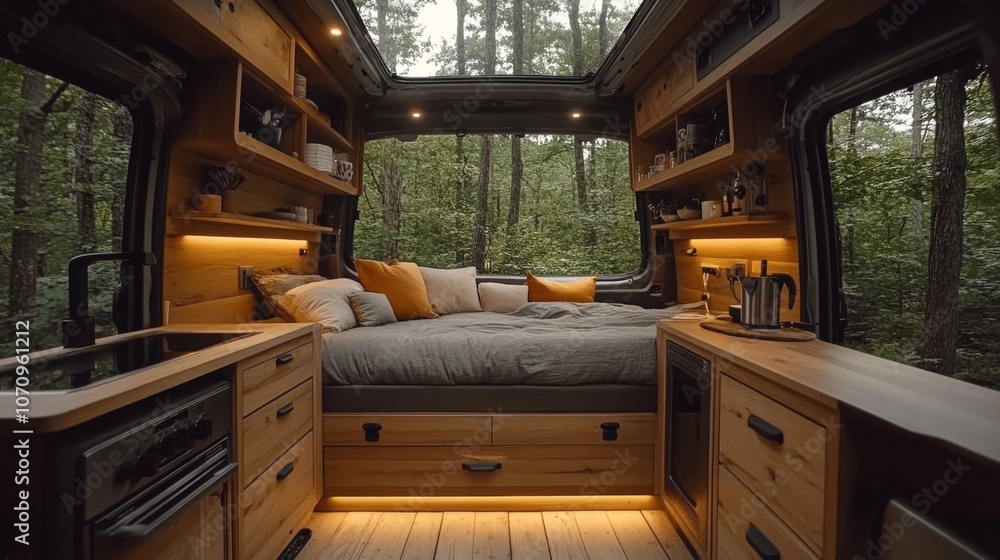 The cabin-like interior of a van features a spacious wooden bed, warm lighting, and rustic decor, set against a serene forest backdrop, perfect for a cozy getaway. The cabin-like interior of a van features a spacious wooden bed, warm lighting, and rustic decor, set against a serene forest backdrop, perfect for a cozy getaway.