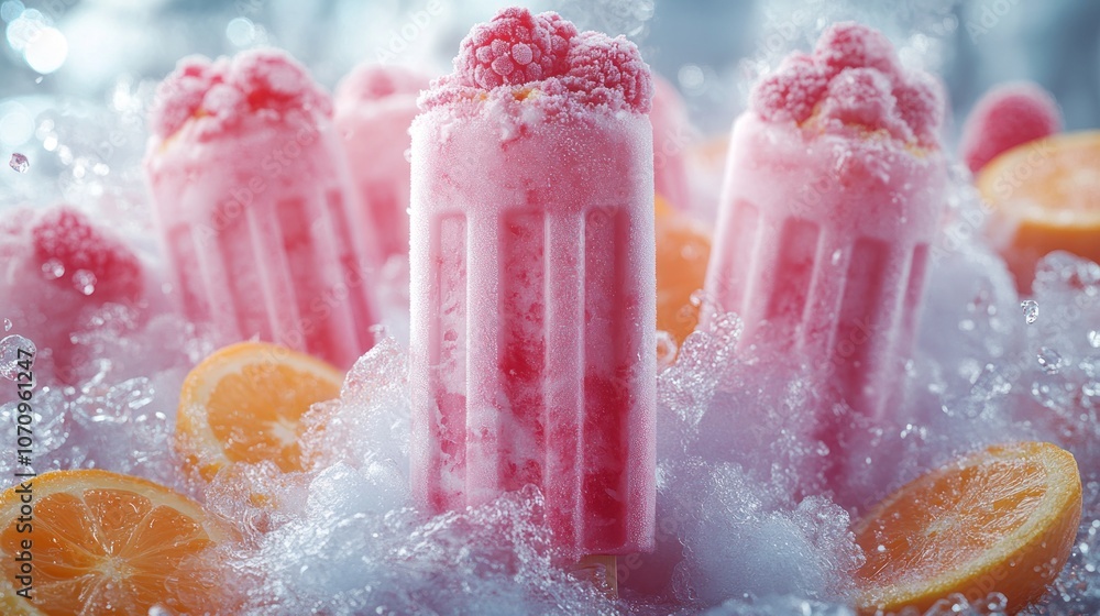 Pink popsicles with orange slices and ice. Pink popsicles with orange slices and ice.