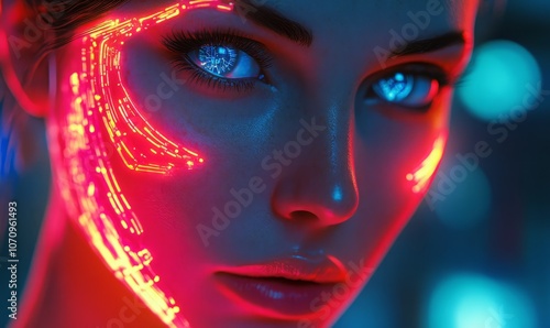 Close-up of a futuristic woman with glowing neon accents on her face, symbolizing advanced AI technology and human-robot interaction