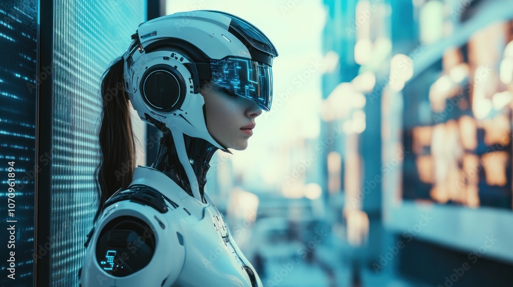 A futuristic humanoid robot with a sleek design and visor stands in a modern urban environment. A futuristic humanoid robot with a sleek design and visor stands in a modern urban environment.