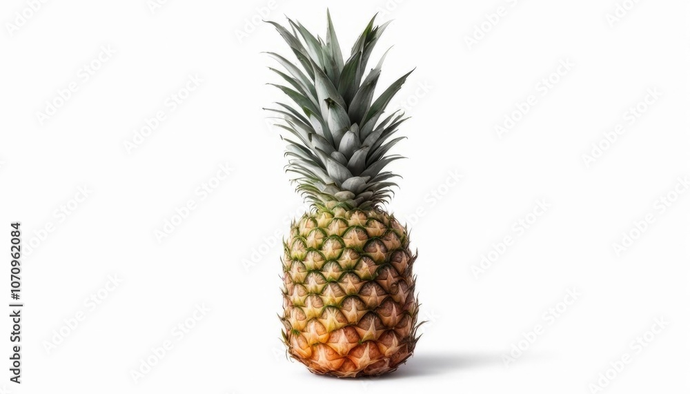 Ripe pineapple with fresh green leaves on empty white background
Ripe pineapple with fresh green leaves on empty white background