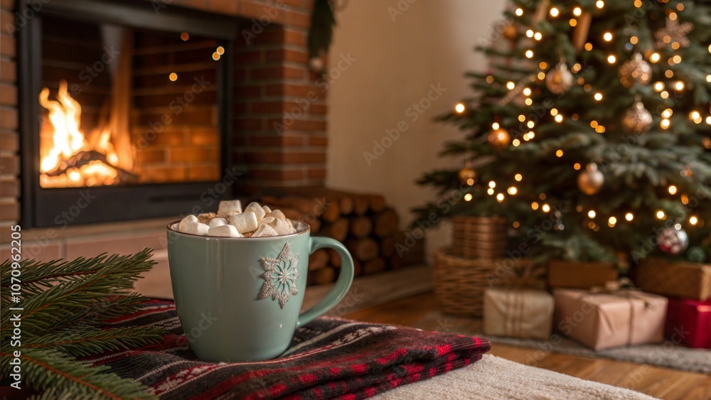 Fototapeta premium Hot cocoa with marshmallows by Christmas tree and fireplace
