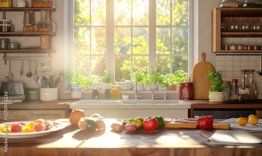 Bright kitchen with family recipes and ingredients ready for cooking Bright kitchen with family recipes and ingredients ready for cooking
