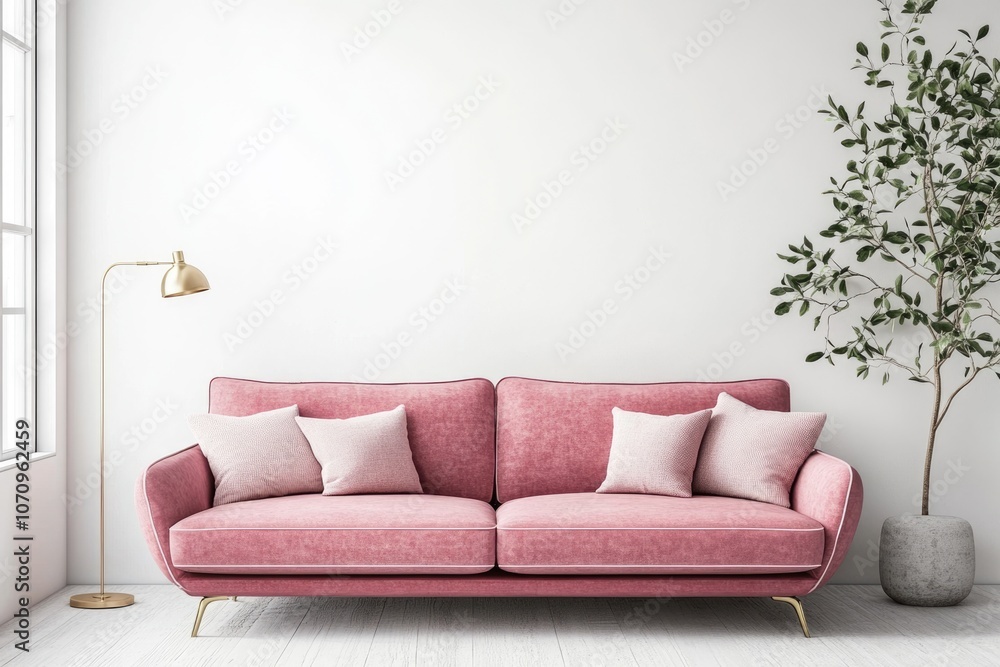 Modern Elegant Living Room with Pink Sofa and Minimalist Decor Modern Elegant Living Room with Pink Sofa and Minimalist Decor