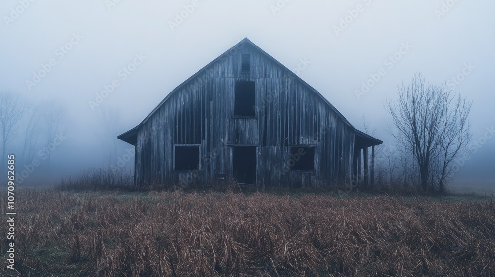 A weathered, abandoned barn stands shrouded in fog, its wooden structure worn by time. The bare trees in the background add to the eerie atmosphere. A weathered, abandoned barn stands shrouded in fog, its wooden structure worn by time. The bare trees in the background add to the eerie atmosphere.