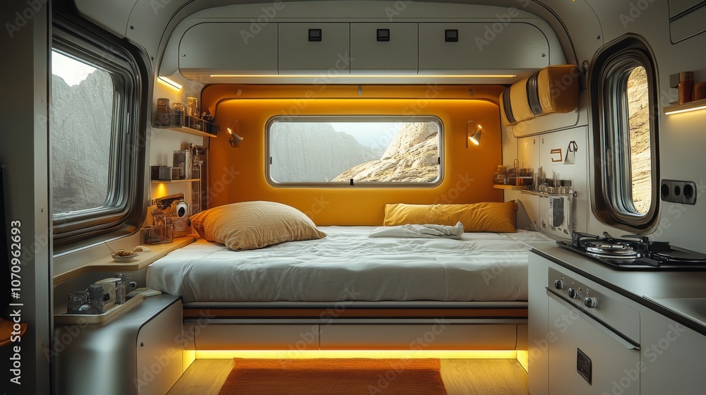 A modern camper interior features a comfortable bed with warm bedding, ambient lighting, and large windows that reveal breathtaking mountain vistas at dawn, creating a serene atmosphere. A modern camper interior features a comfortable bed with warm bedding, ambient lighting, and large windows that reveal breathtaking mountain vistas at dawn, creating a serene atmosphere.