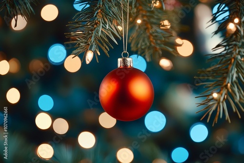  Esfera roja colgando de una rama de abeto con luces bokeh en el fondo, creando un ambiente navideño cálido y festivo.