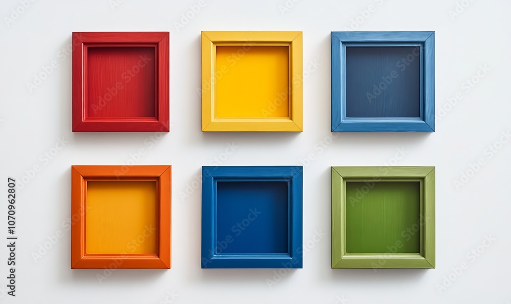 Empty wooden frames painted in different colours on white background with shadows. Frames for picture in art gallery, mockup for advertisement message or inscription Empty wooden frames painted in different colours on white background with shadows. Frames for picture in art gallery, mockup for advertisement message or inscription