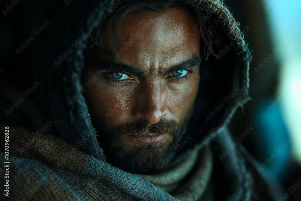 Portrait of Bearded Man in Hooded Cloak with Intense Blue Eyes Portrait of Bearded Man in Hooded Cloak with Intense Blue Eyes