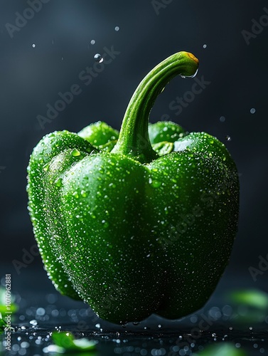 A Single Green Bell Pepper Covered in Water Droplets