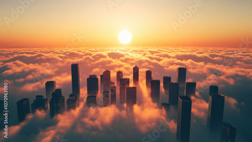 A city reflected on the surface of the clouds, creating a surreal and dreamlike atmosphere