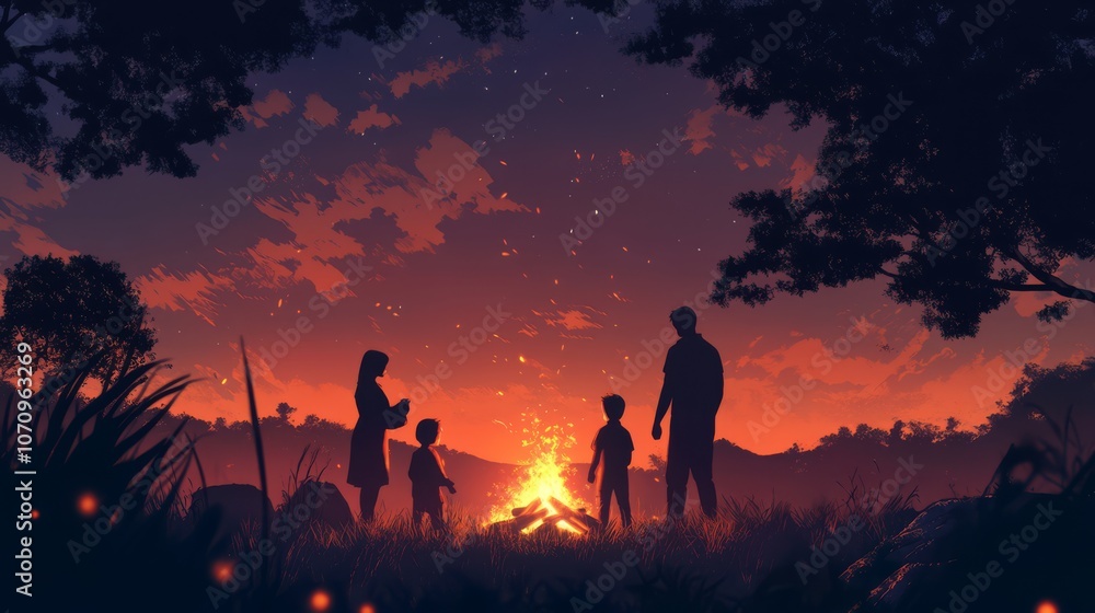 Fototapeta premium A family of four standing around a campfire in the evening.