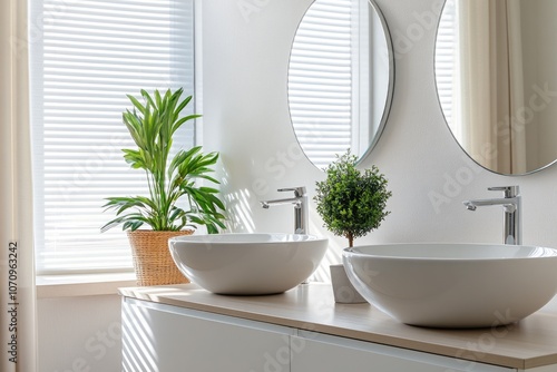 Modern White Bathroom Interior with Double Round Sink and Bright Interior Design