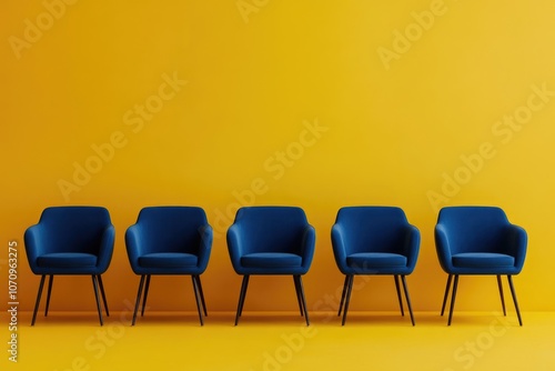 Executive Job Loss. Blue Armchairs Row on Yellow Background with Copy Space