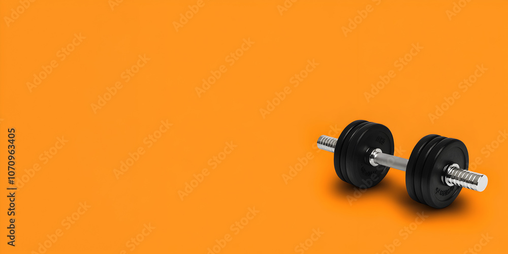 A sleek dumbbell icon positioned to the right on a vivid orange background with ample space for text --AR 3:2 --S 50 A sleek dumbbell icon positioned to the right on a vivid orange background with ample space for text --AR 3:2 --S 50