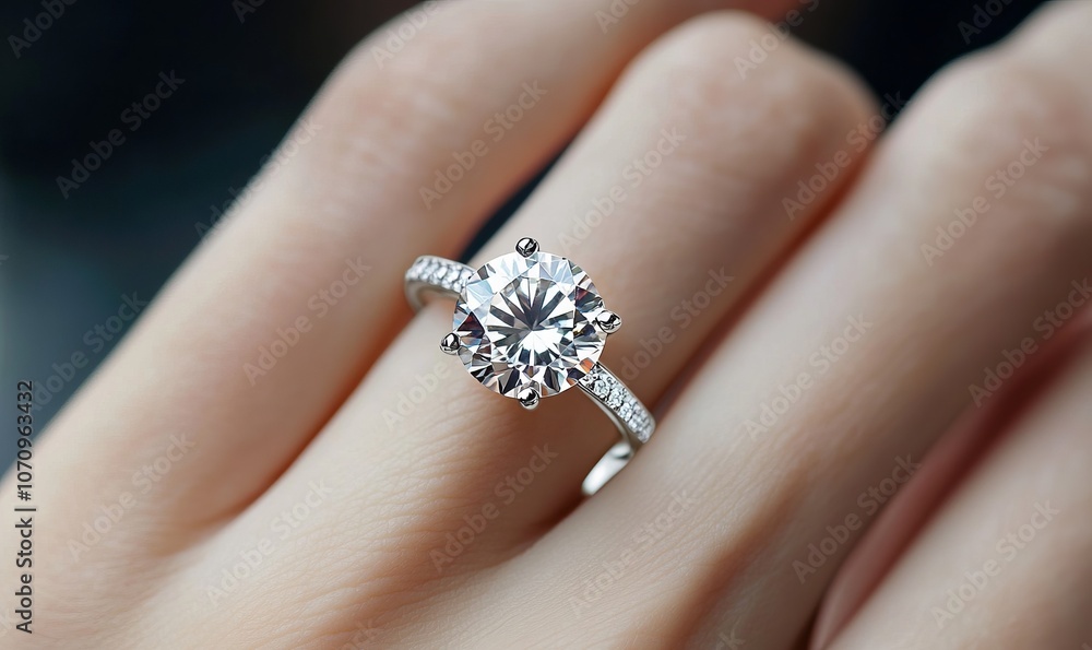 Female hand adorned with a sparkling diamond ring. Engagement ring with big precious stone Female hand adorned with a sparkling diamond ring. Engagement ring with big precious stone