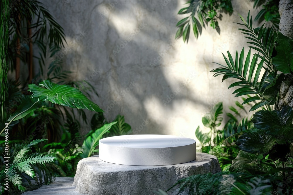Tropical Jungle Product Presentation with White Pedestal and Green Foliage Background Tropical Jungle Product Presentation with White Pedestal and Green Foliage Background