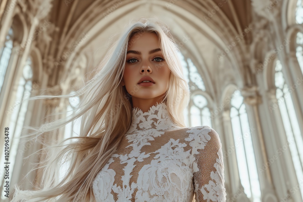 Fototapeta premium Elegant Woman in Lace Dress in Sunlit Cathedral Setting