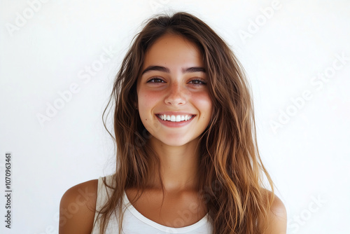 Young woman with long hair smiles brightly against a plain background during a casual indoor session in natural light. Generative AI