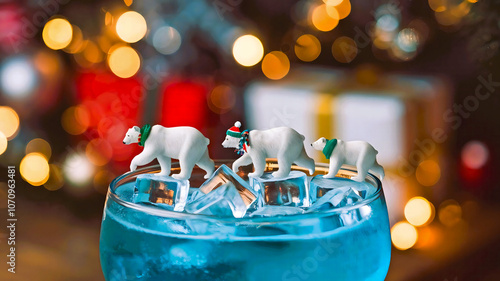 Tiny Tilt Shift Polar Bears Walk Over Ice Cubes in a
 Hawaiian Cocktail-Bokeh Style Background photo