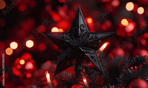 Black Christmas star topper glowing on a redlit tree photo