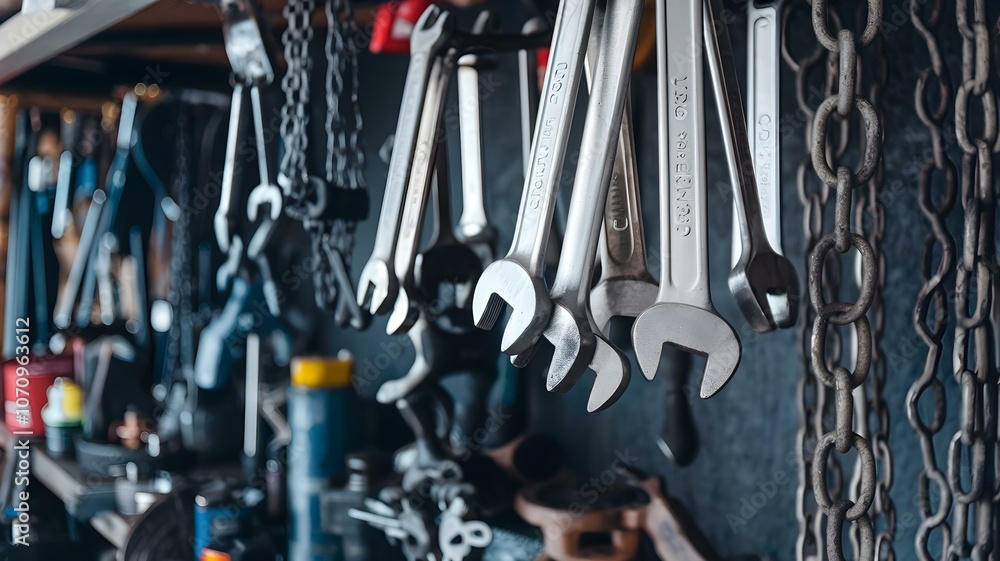 Fototapeta premium Assorted Hand Tools Hanging on a Workshop Wall: A Detailed View of Wrenches and Chains, Highlighting the Essential Gear for Mechanical Work and DIY Projects