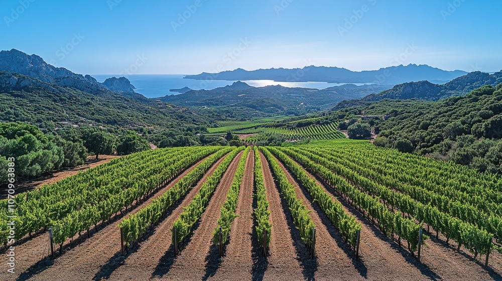Naklejka premium Scenic Vineyard Rows on Hillside Under Bright Sunlight