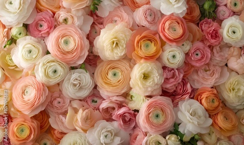 Flower wall background, ranunculus and roses texture. Bouquet, wedding floral background.