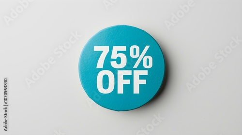 White '75% OFF' Text on a Cyan Round Paper Note. White Background with Copy Space