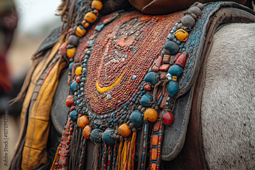 a Fulani herders leather saddle and decorations. photo