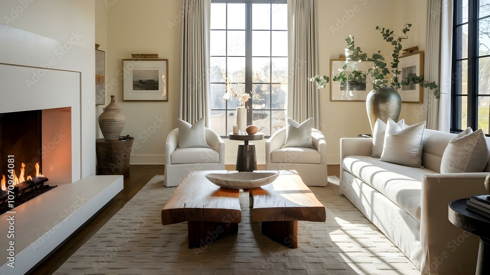 Fototapeta premium Stylish Living Room Interior: A Cozy Space Featuring Modern Furniture, Warm Lighting, and Elegant Decor, Creating an Inviting Atmosphere for Relaxation and Comfort