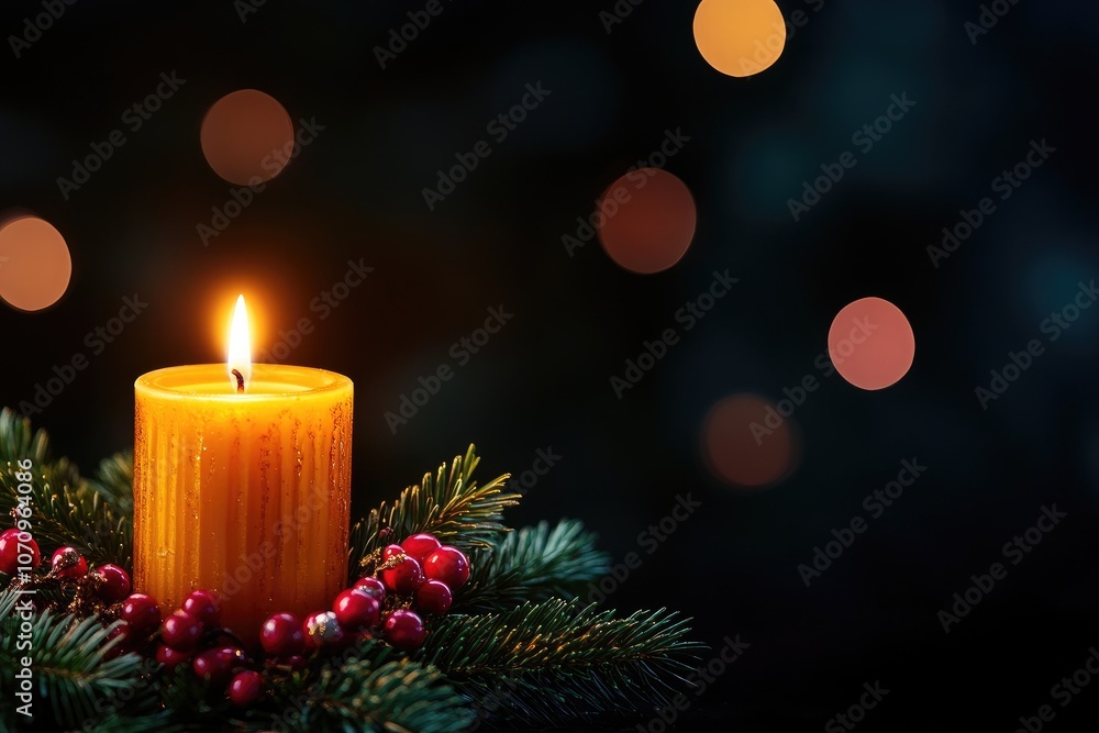 A Single Lit Candle Adorned with Pine and Berries Against a Blurred Background A Single Lit Candle Adorned with Pine and Berries Against a Blurred Background