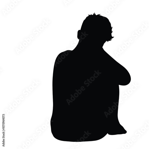 a black silhouette of a person sitting on the ground. The person is sitting with their legs crossed and their head resting on their knees