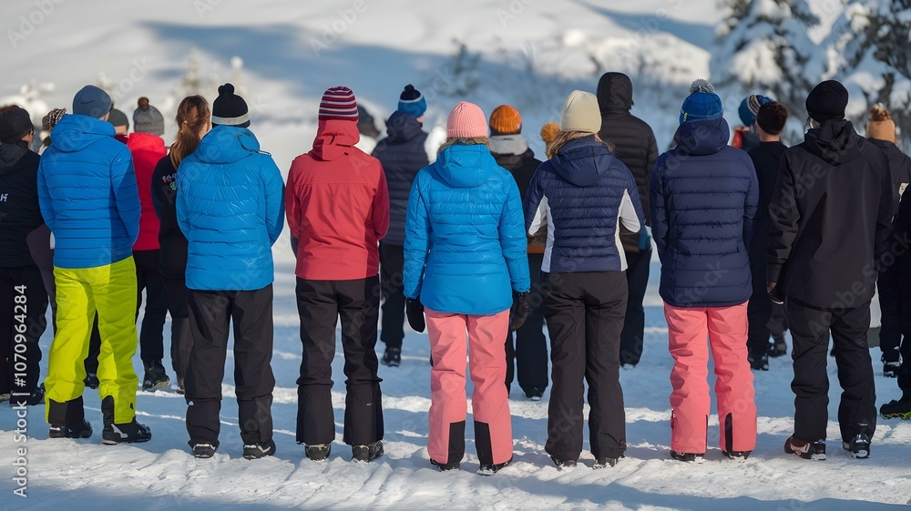 Obraz premium Group of Adventurers in Winter Clothing: A Diverse Assembly Standing Together in a Snowy Landscape, Ready for Exploration in the Great Outdoors