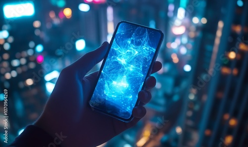 Creative background, male hand holding a phone with a 5G hologram on the background of the city. The concept of 5G network, high-speed mobile Internet, new generation networks photo